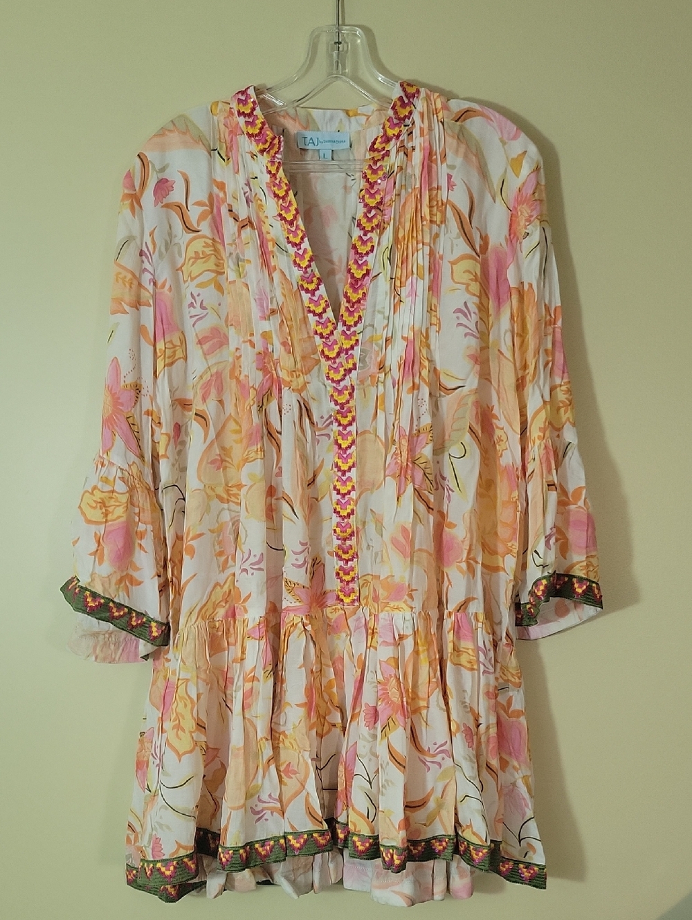TAJ by Sabrina Crippa Bell Sleeve Mini Dress sz LARGE  Soma Orange pink sequins